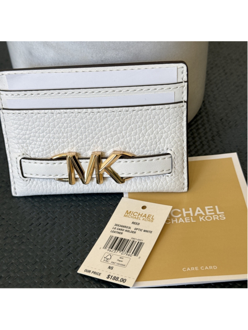Michael Kors Reed Optic White Pebbled Leather Card Wallet NWT $188.00